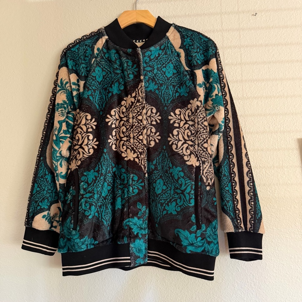 Johnny Was Biya Midi Fleece Bomber Jacket Delphini Blue Size Small NWT